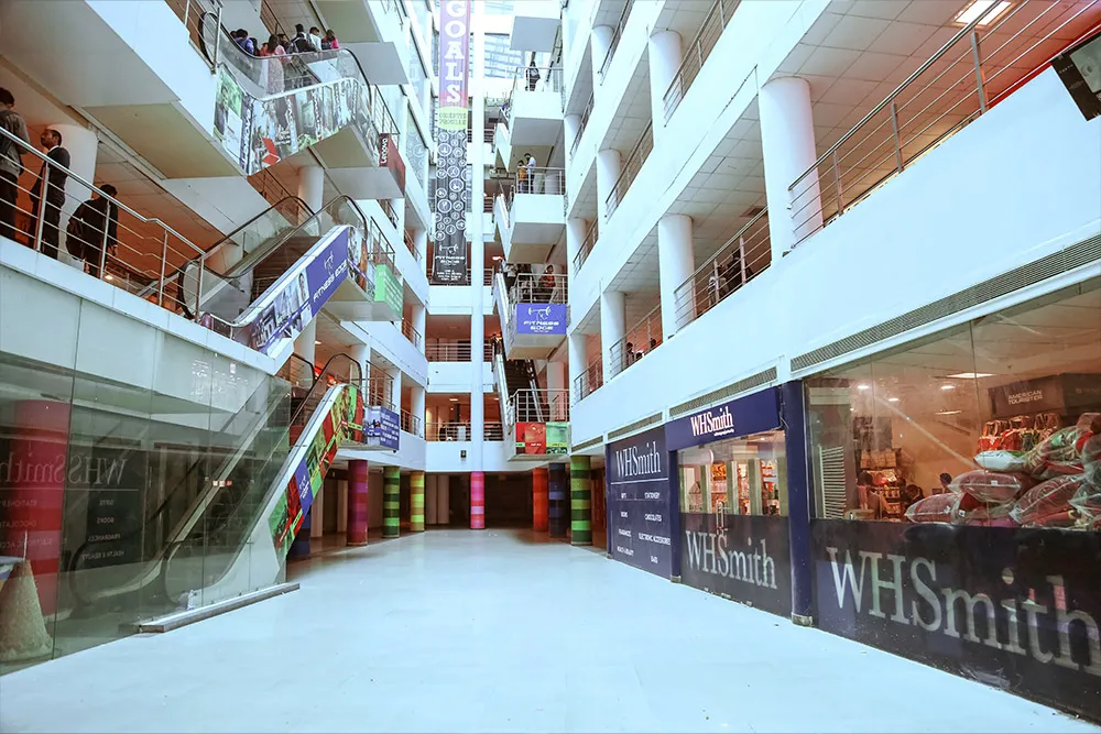 The atrium of Uni Mall on the LPU campus, with shops on several floors